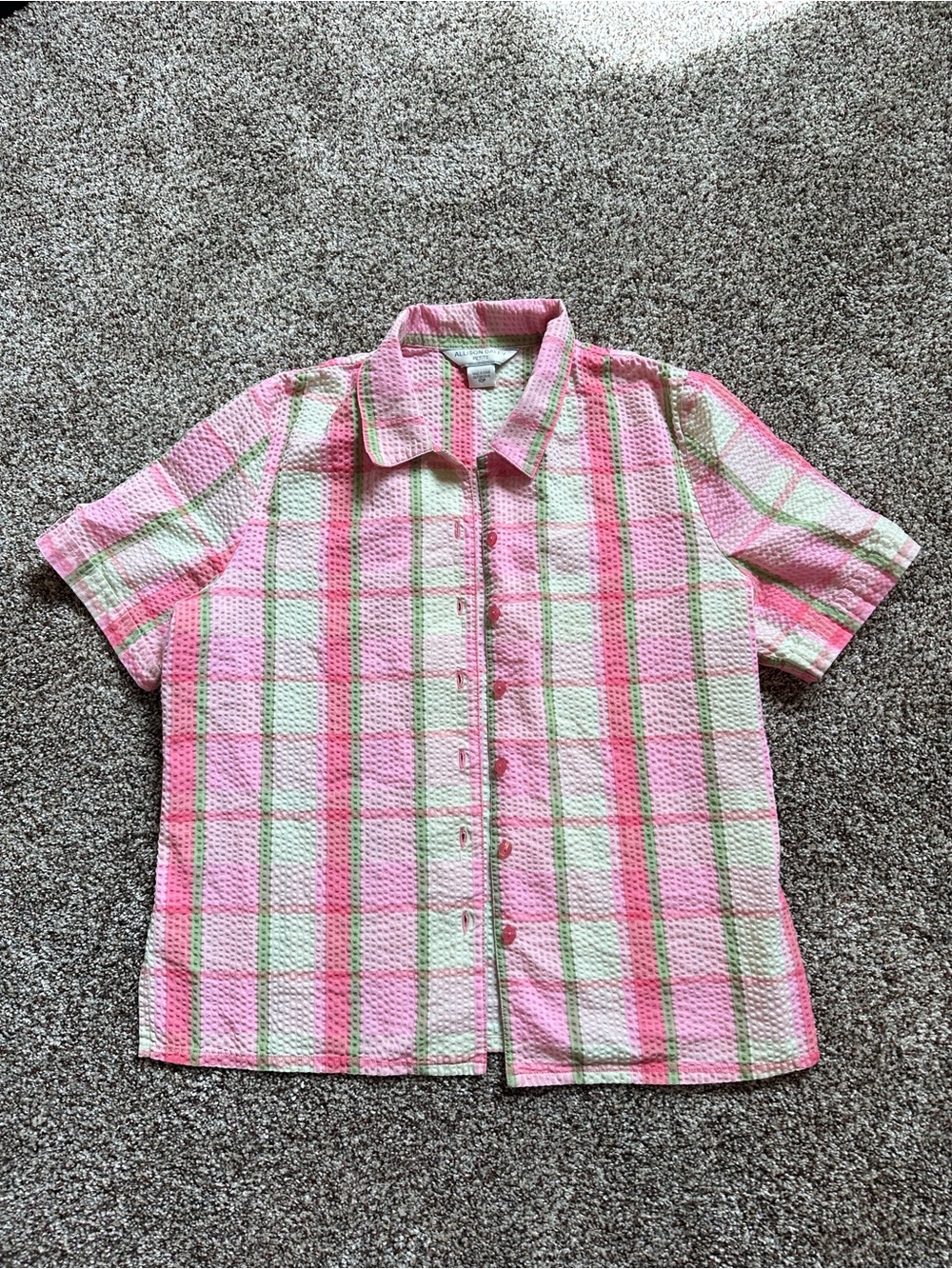 2000’s Y2K Allison Daley Petite pink and green plaid button up shirt